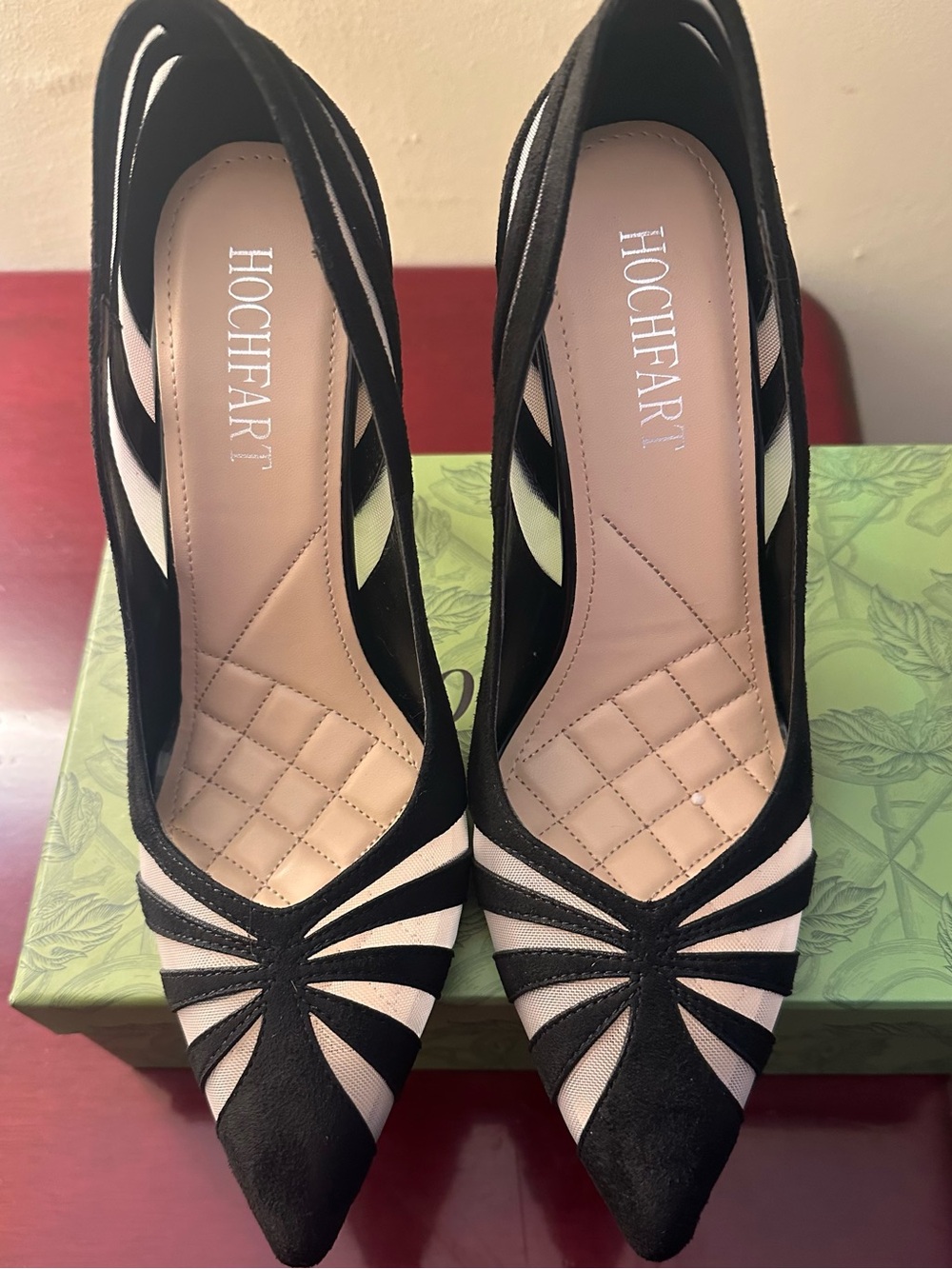Black and Cream Pointed Toe Strappy Pumps